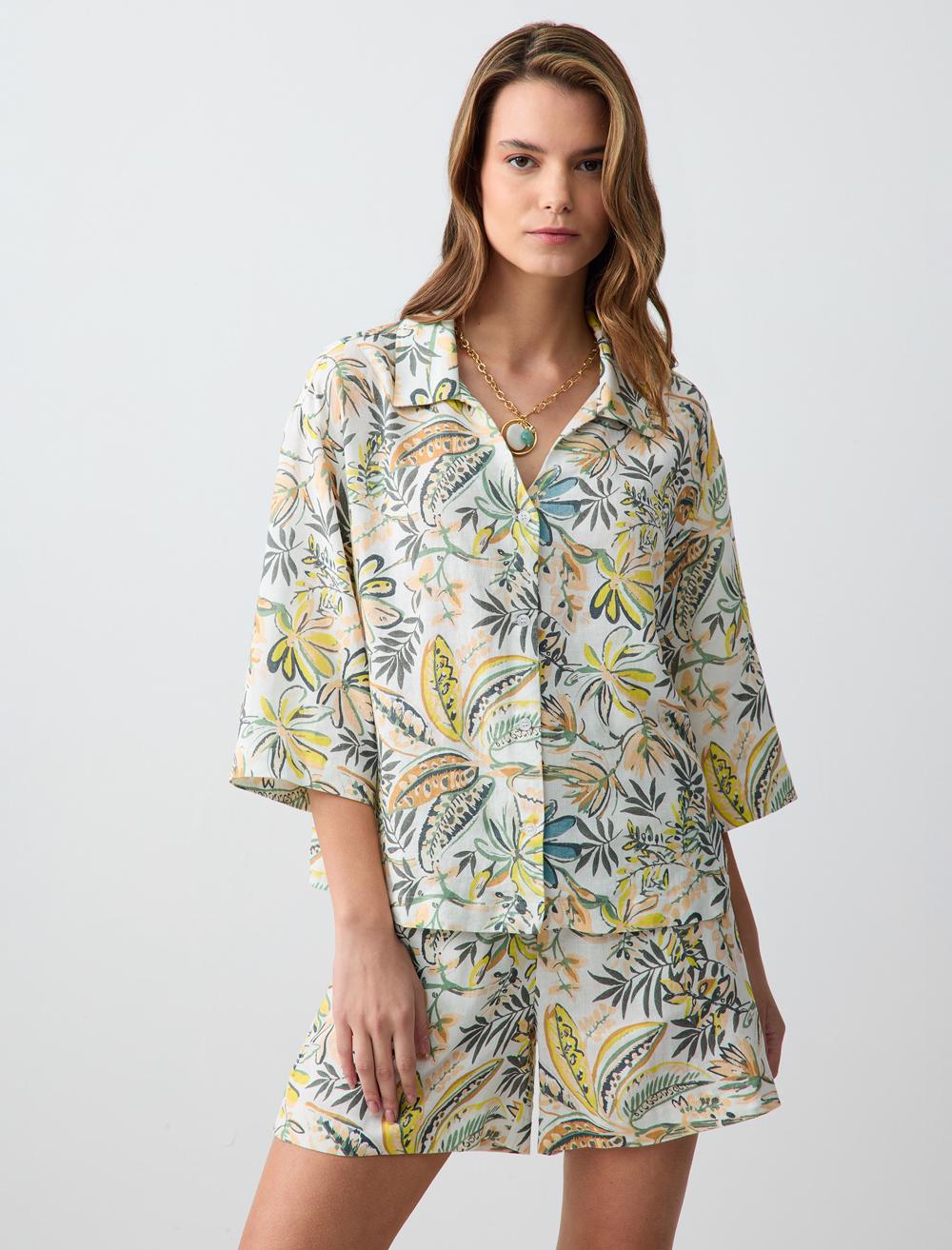 Truvakar Kol Desenli Keten Karışımlı Gömlek