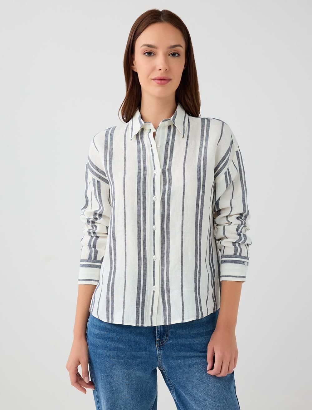 %100 Keten Rahat Kesim Çizgili Keten Gömlek