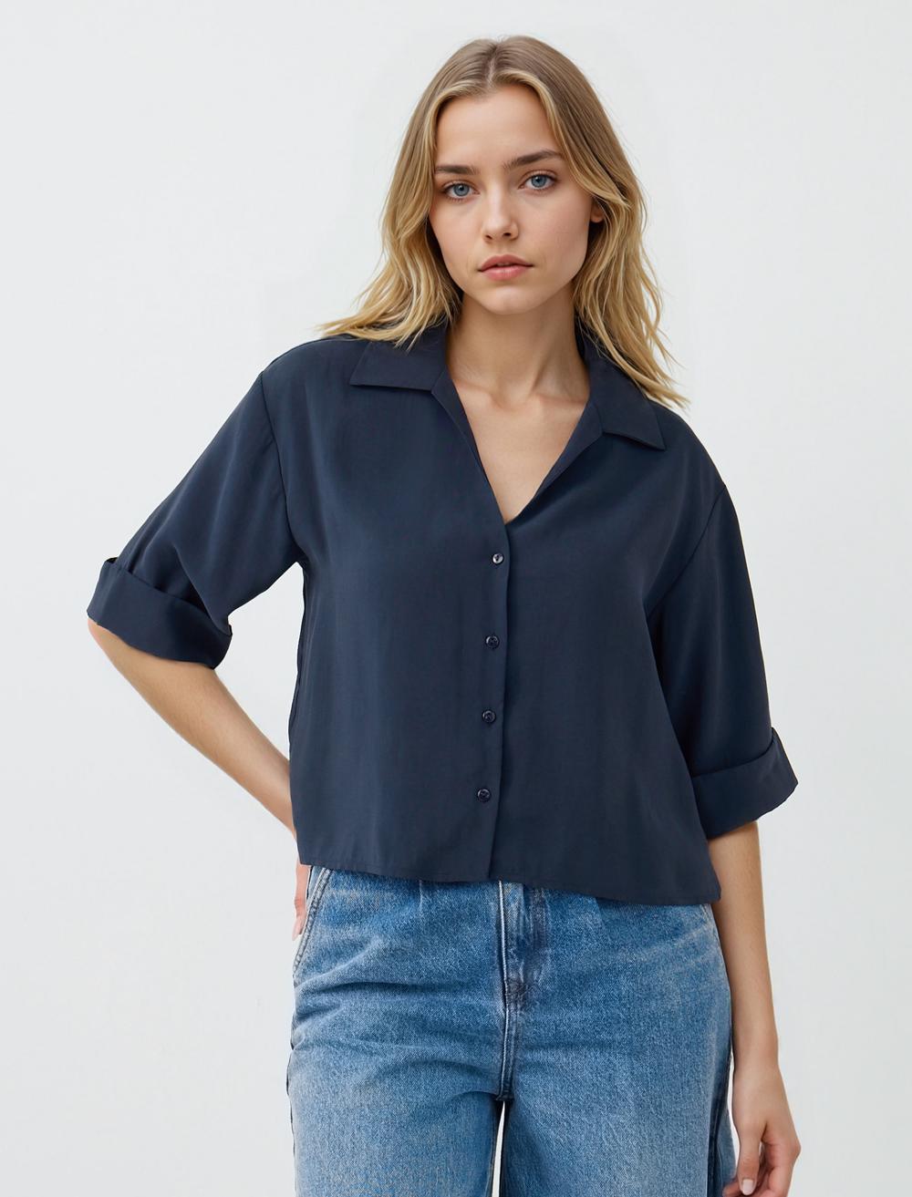 Düz Kesim Dirsek Kol Kısa Dokuma Gömlek