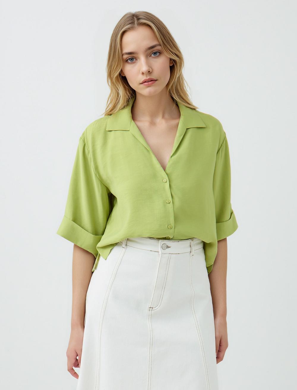 Düz Kesim Dirsek Kol Kısa Dokuma Gömlek