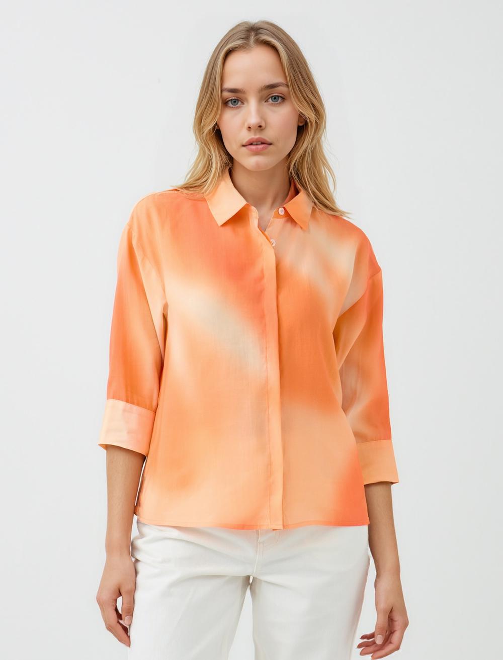 Düz Kesim Truvakar Kol Renk Geçişli Modal Dokuma Gömlek