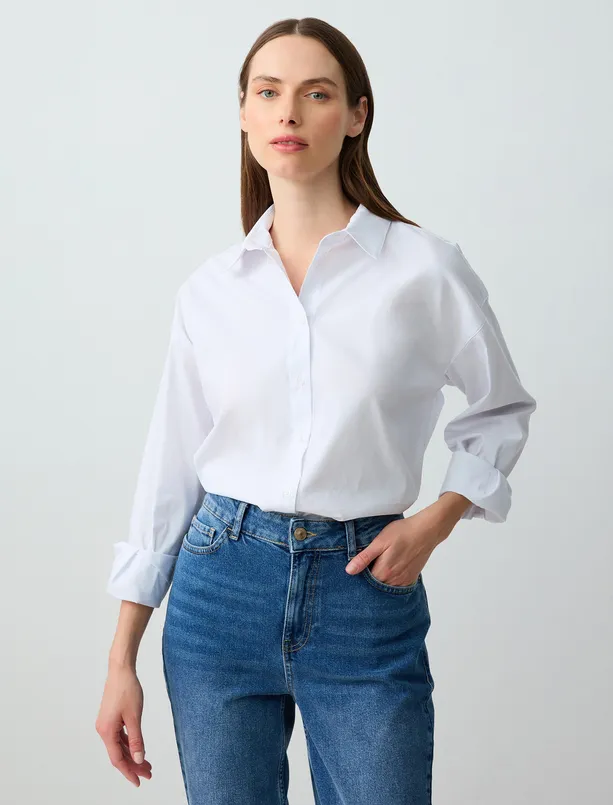 Women White Relaxed Fit Long Sleeve Woven Poplin Shirt