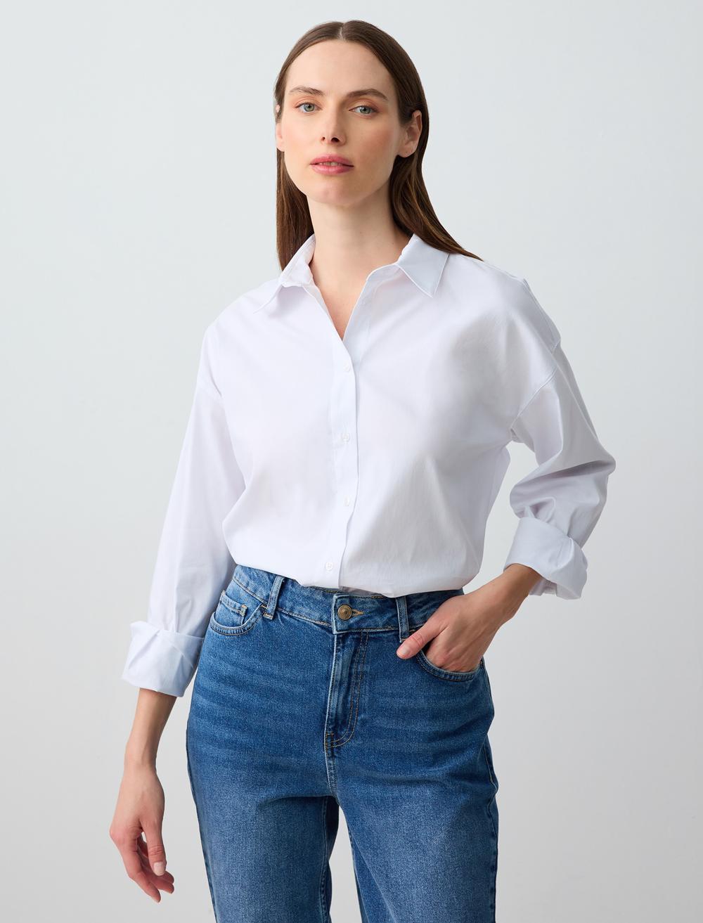 Rahat Kesim Uzun Kollu Dokuma Poplin Gömlek