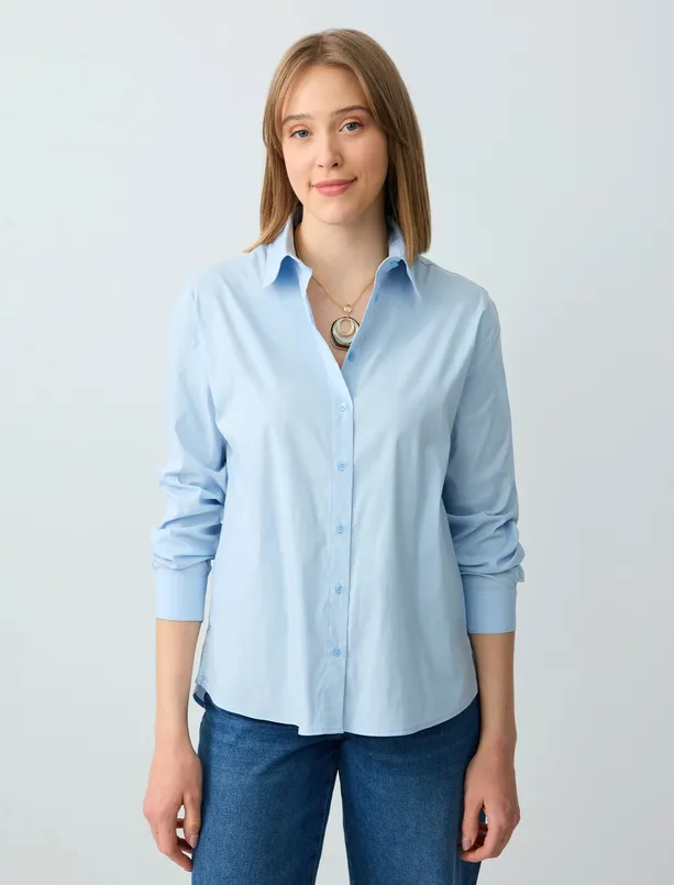 Women  Relaxed Fit Long Sleeve Woven Poplin Shirt