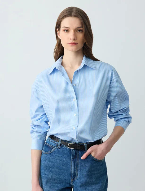 Women  Relaxed Fit Long Sleeve Striped Woven Shirt