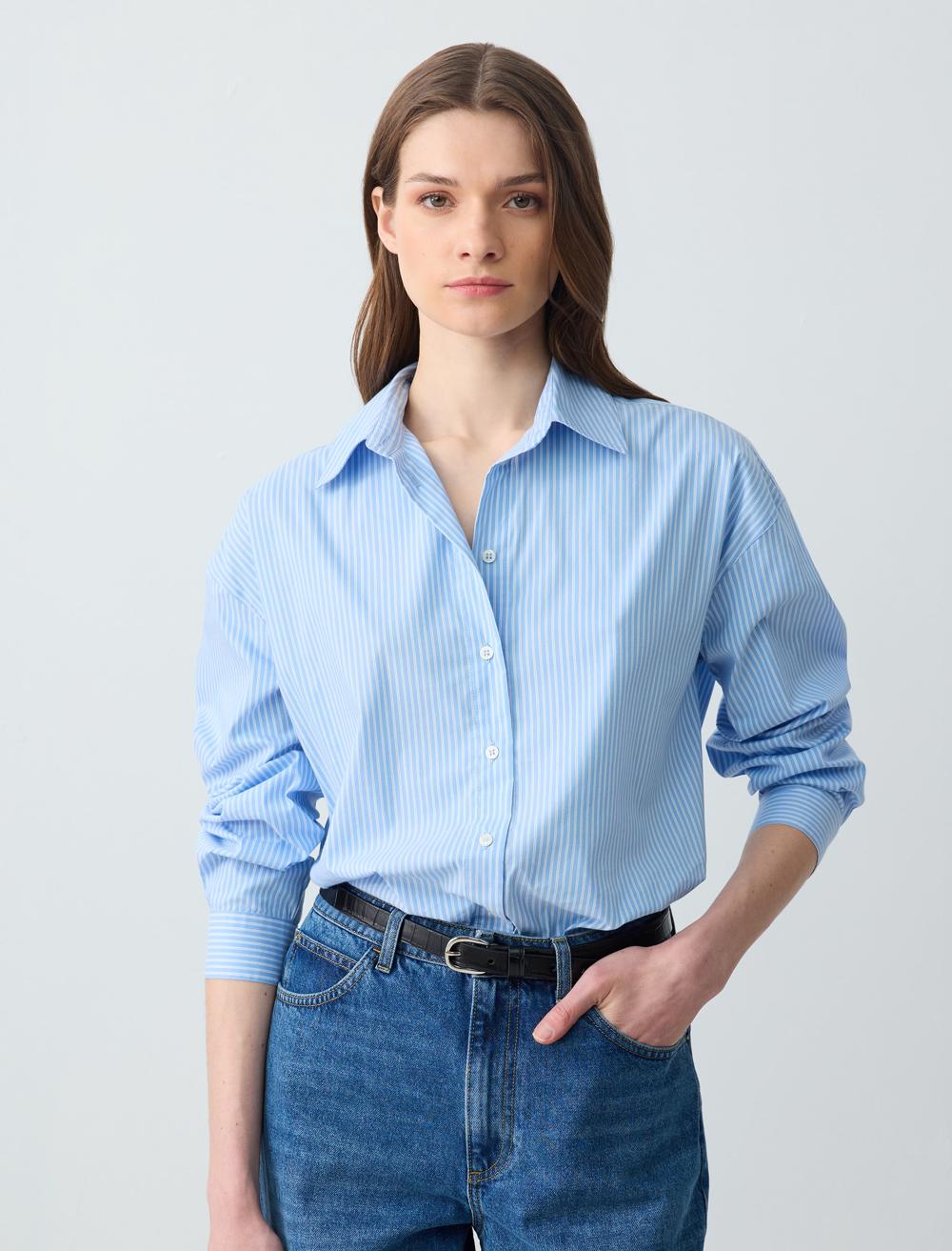 Rahat Kesim Uzun Kollu Çizgili Dokuma Gömlek