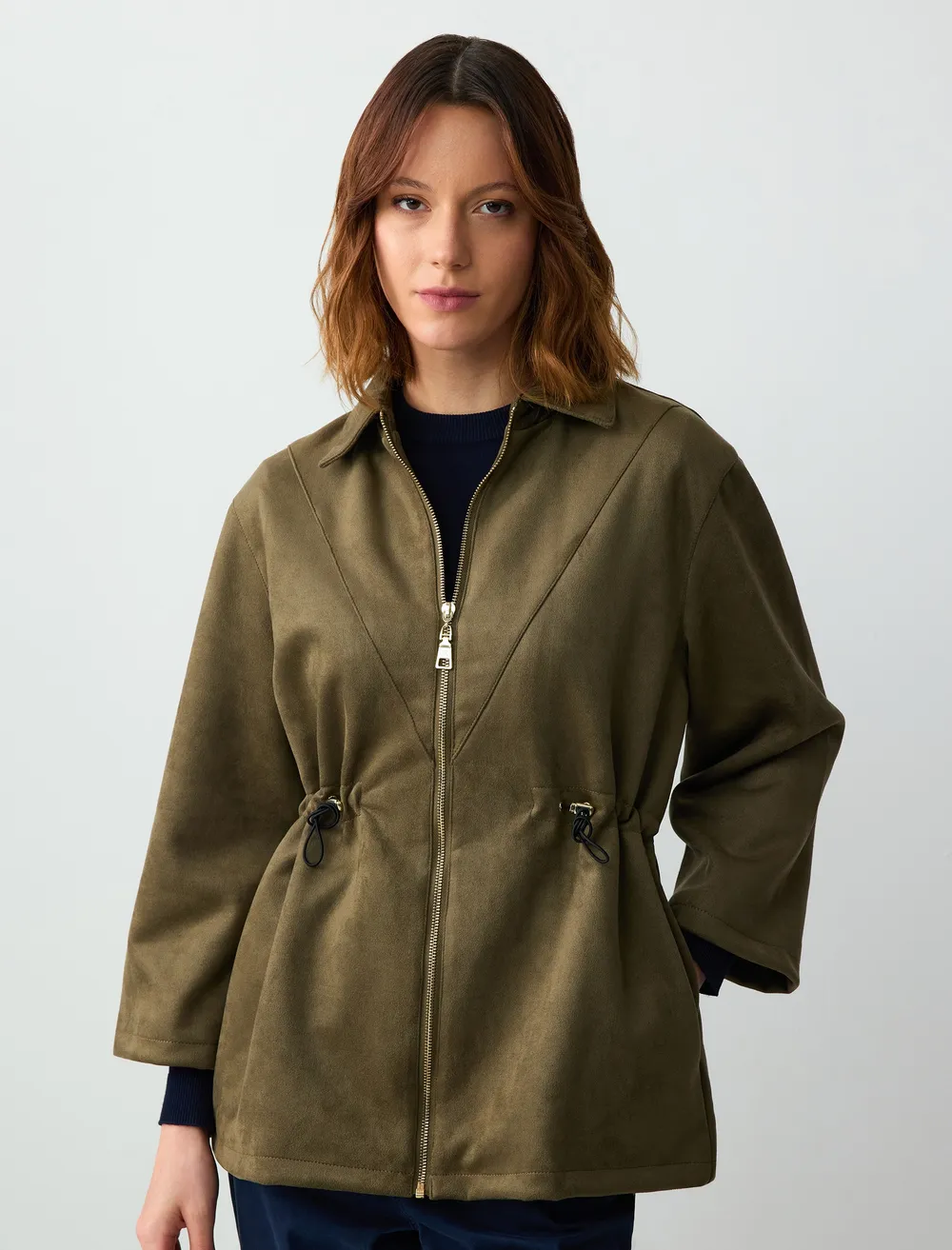 Relaxed Fit Suede Look Jacket with Lace-up Waist