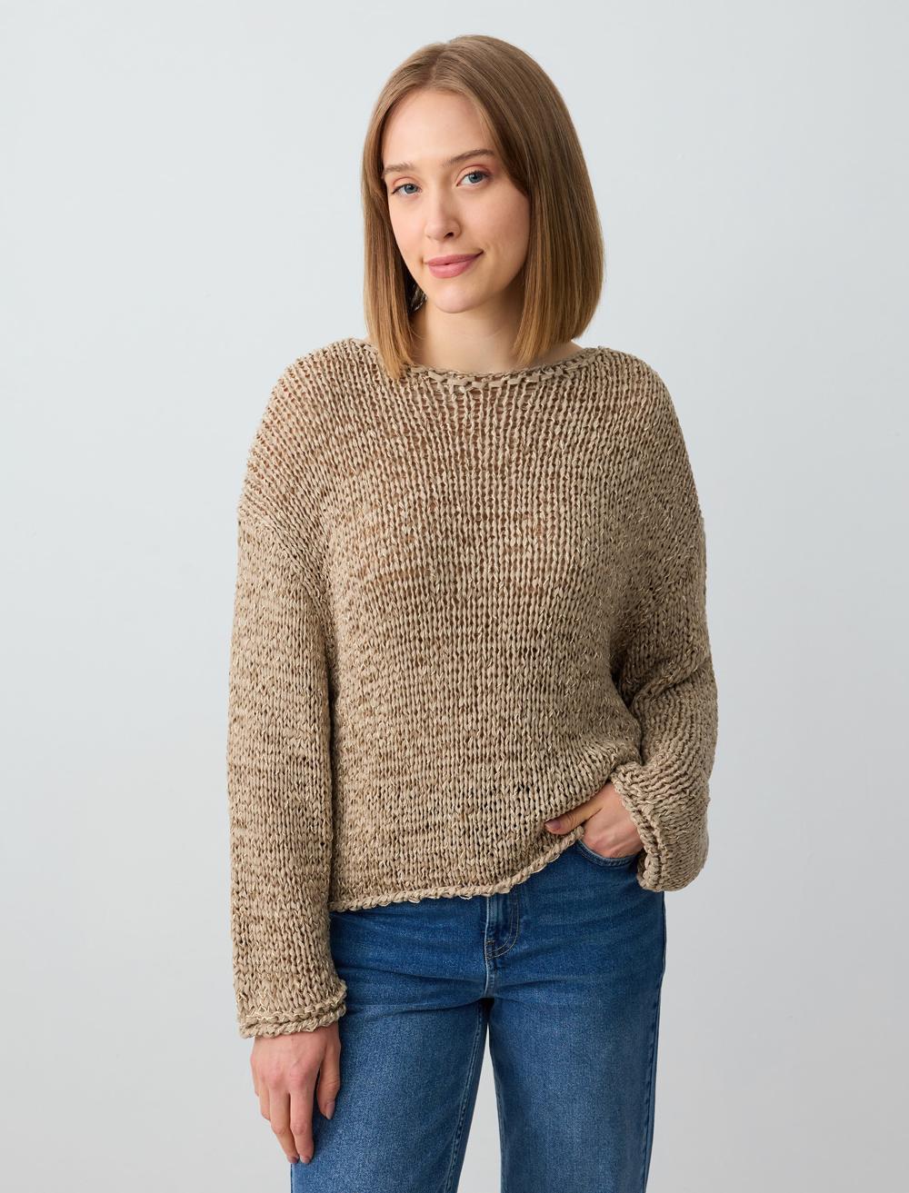 Uzun Kollu Kayık Yaka Ajurlu Triko Kazak