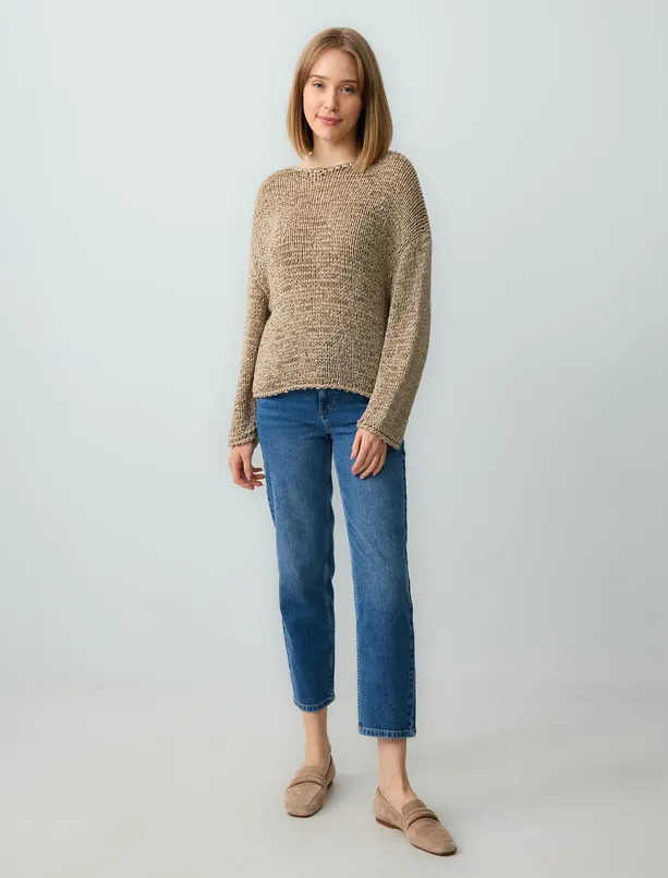 Women Beige Long Sleeve Boat Neck Openwork Sweater Sweater