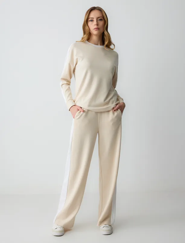 Women Light Beige High Waist Relaxed Fit Wide Leg Modal Knitted Pants