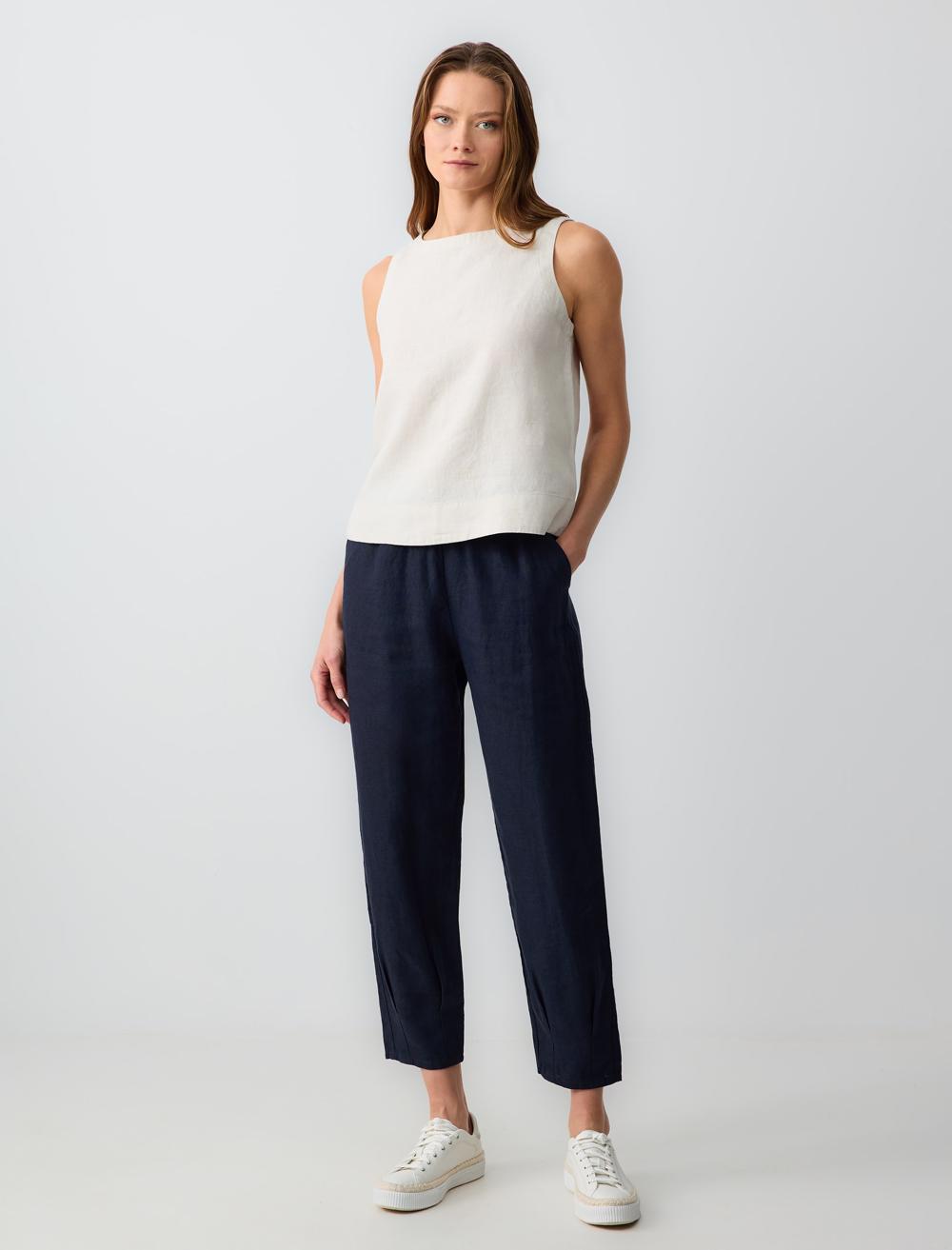 %100 Keten Yüksek Bel Dar Paça Dokuma Pantolon