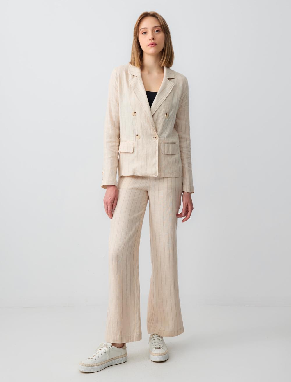 %100 Keten Rahat Kesim Yüksek Bel Bol Paça Çizgili Pantolon