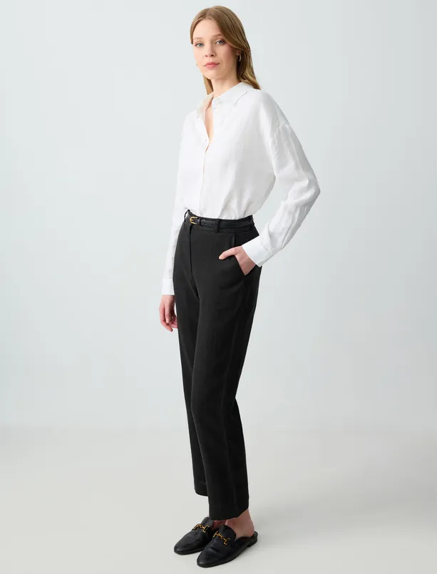 Women Black 100% Linen Straight Cut High Waist Regular Leg Woven Pants