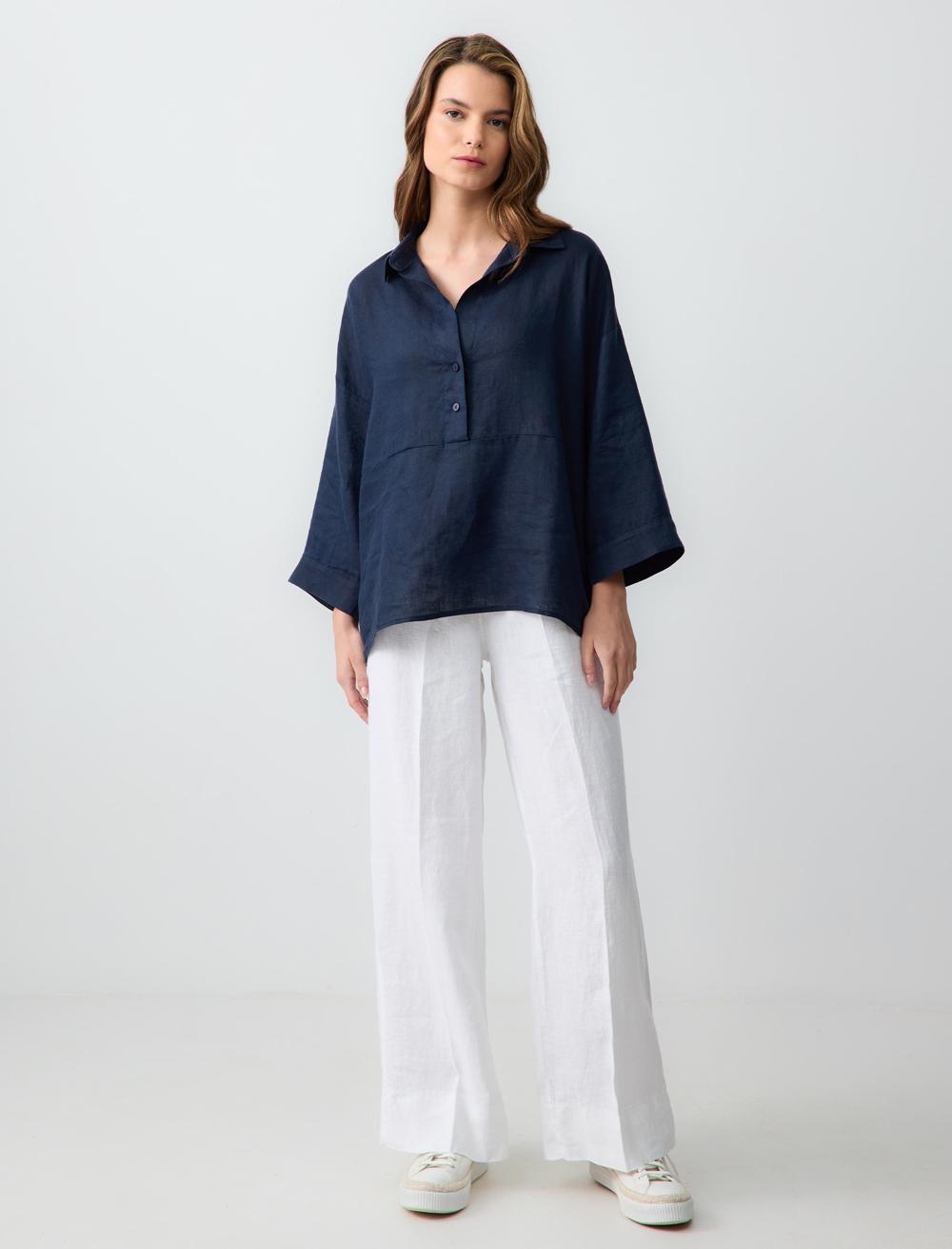 %100 Keten Yüksek Bel Bol Paça Bağcıklı Pantolon