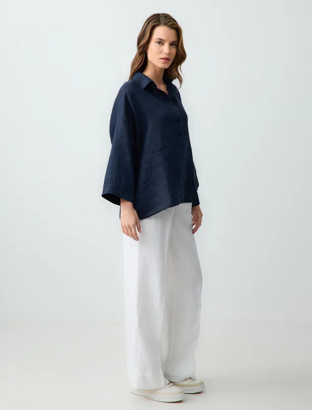 Women White 100% Linen High Waist Wide Leg Lace-up Pants