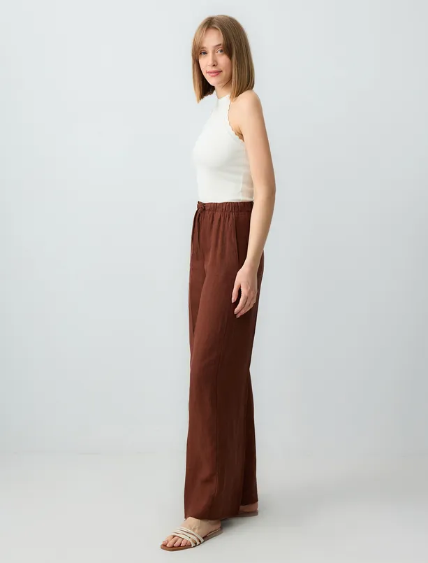 Women Brown 100% Linen High Waist Wide Leg Lace-up Pants