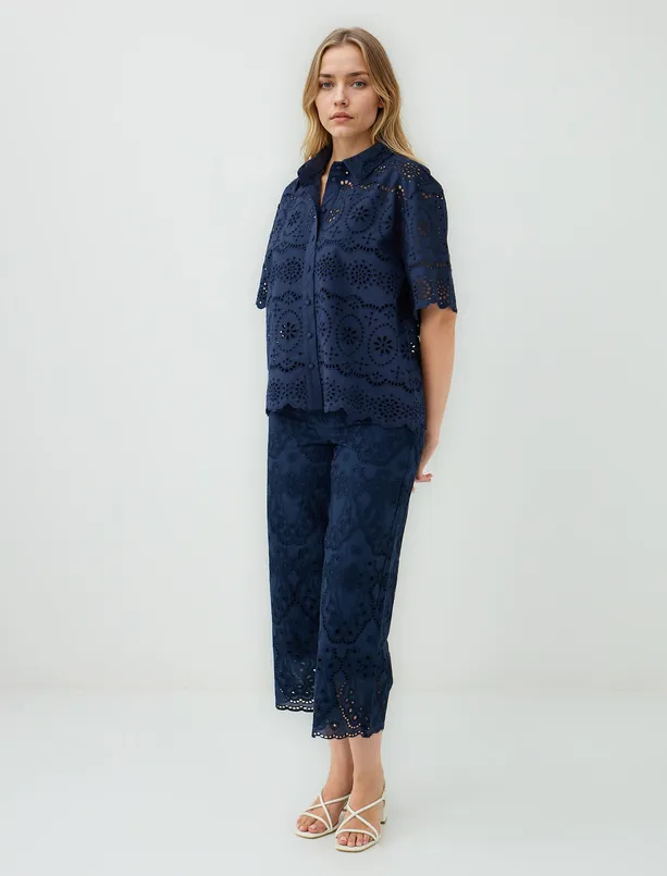 Women Dark Blue 100% Cotton Relaxed Fit High Waist Wide Leg Openwork Pants