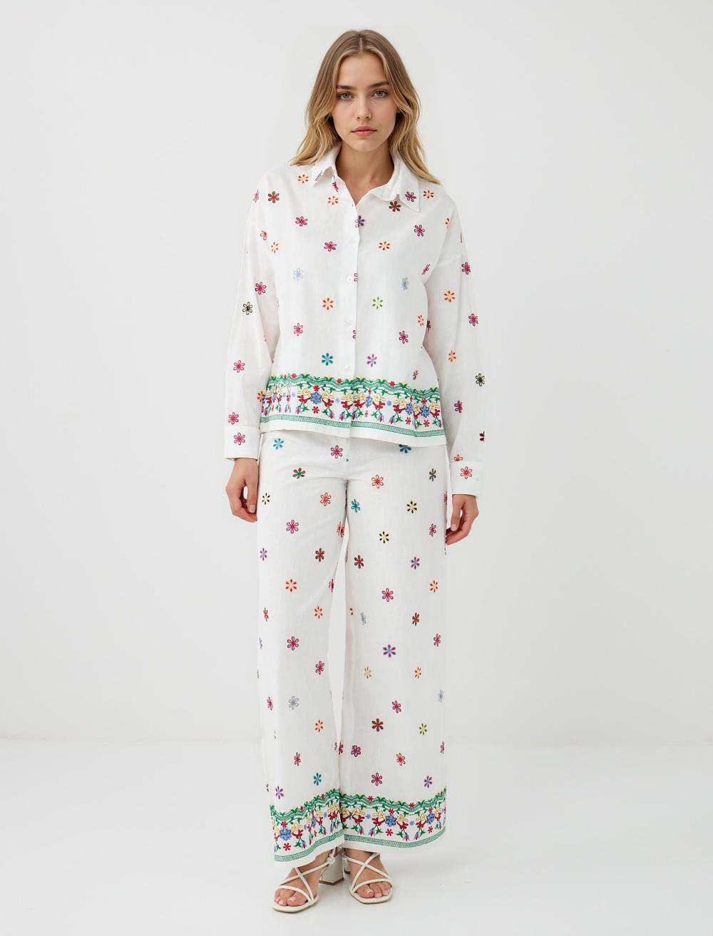 %100 Pamuk Rahat Kesim Bol Paça Çiçek Desenli Pantolon