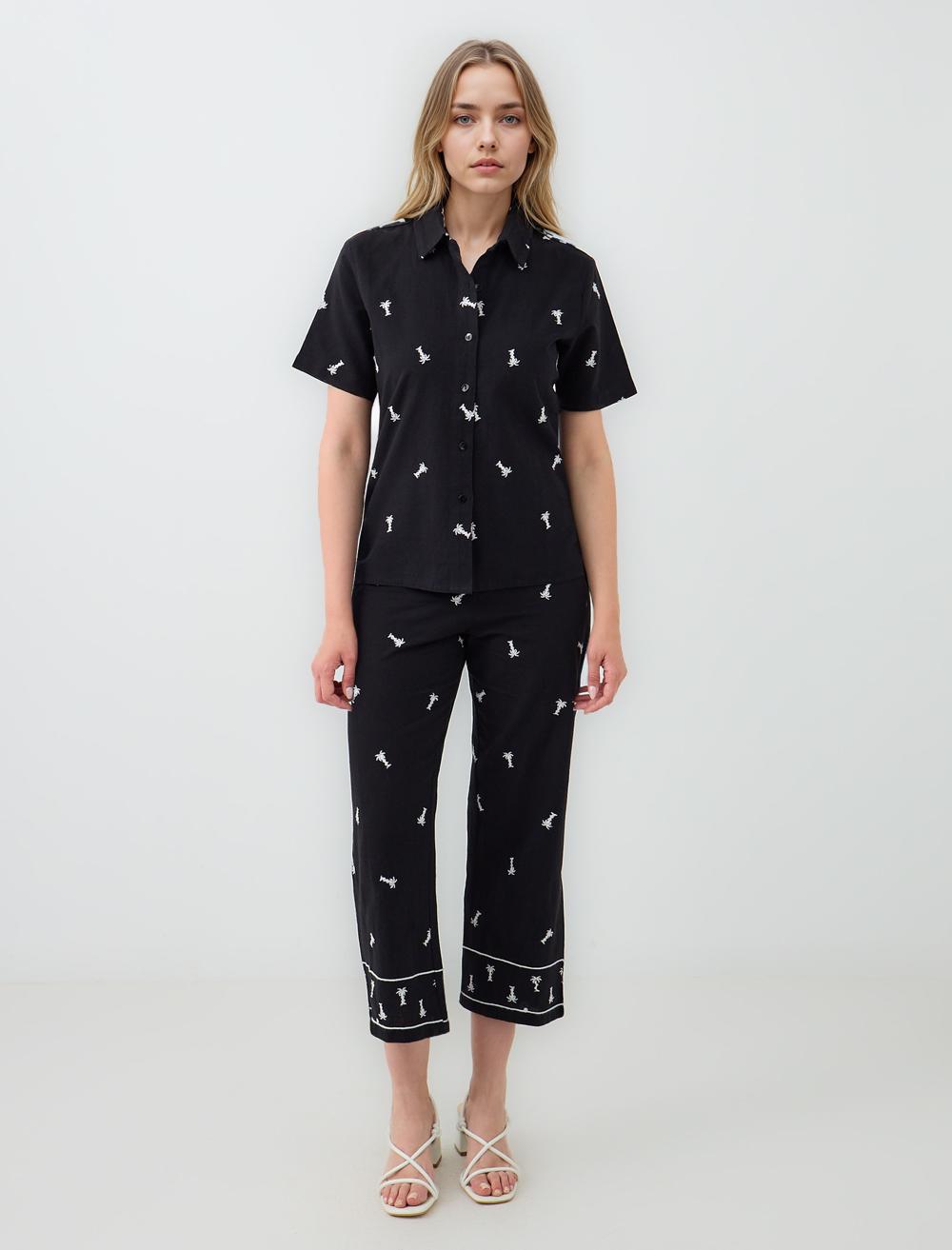 %100 Pamuk Bol Paça Palmiye Desenli Dokuma Pantolon