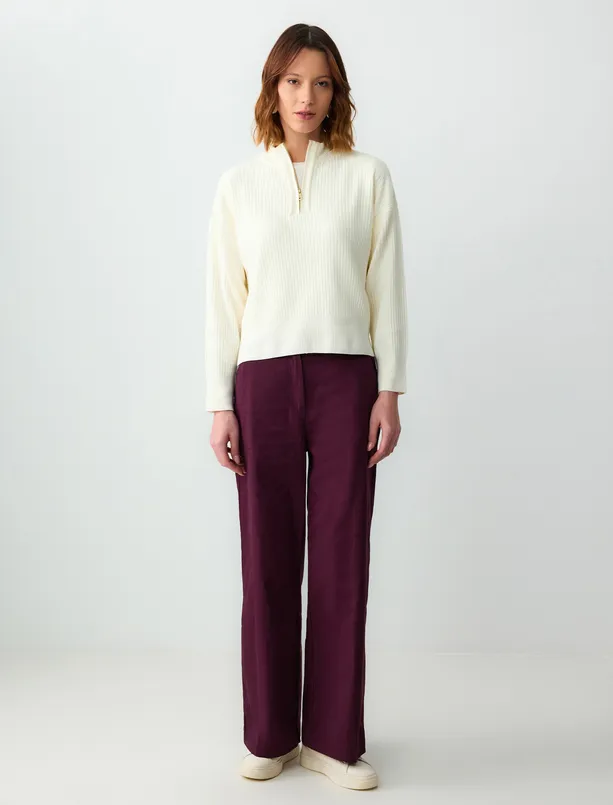 Women Claret Red 100% Cotton High Waist Wide Leg Gabardine Pants