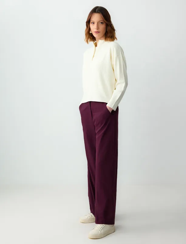 Women Claret Red 100% Cotton High Waist Wide Leg Gabardine Pants