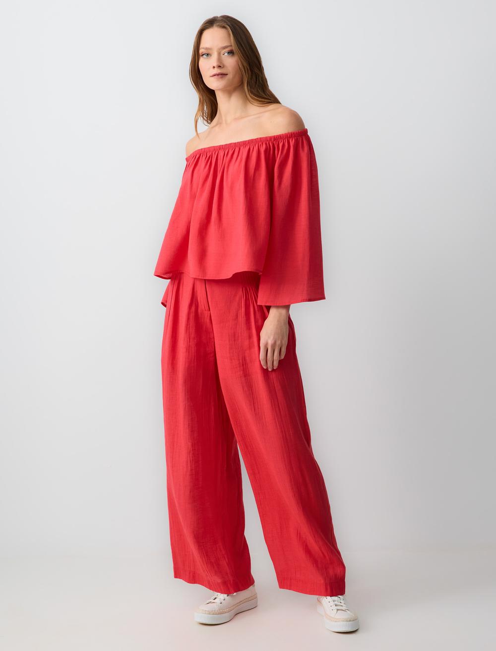 Yüksek Bel Bol Paça Keten Karışımlı Pantolon