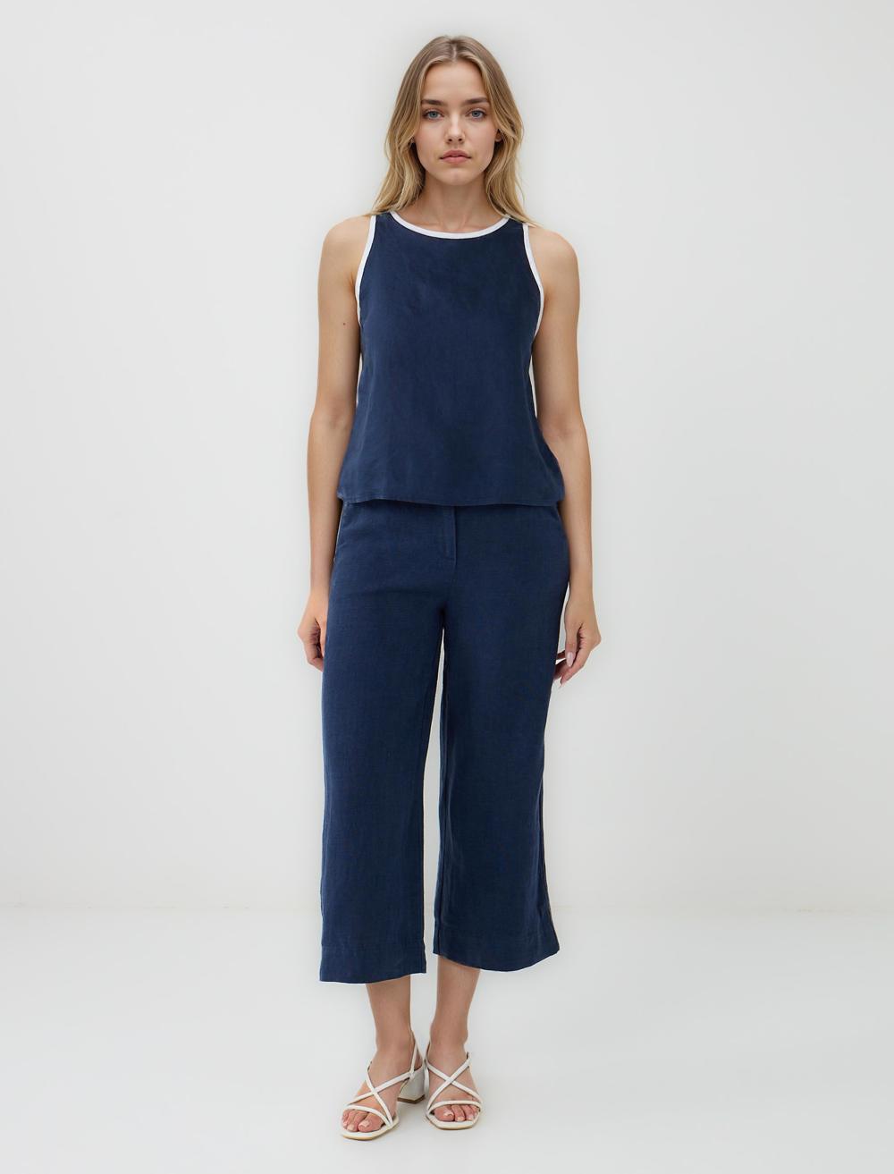 %100 Keten Rahat Kesim Yüksek Bel Bol Paça Dokuma Pantolon