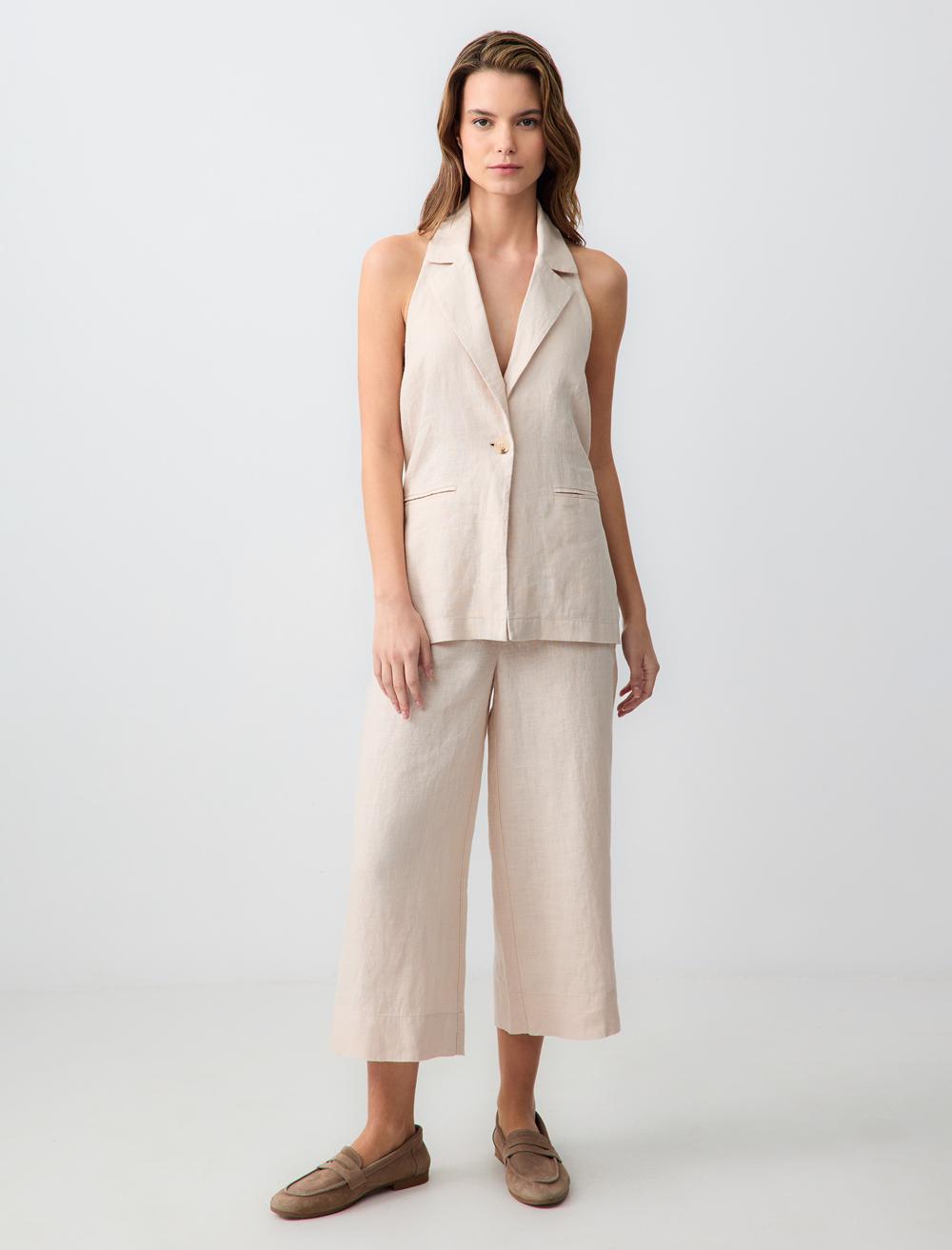 %100 Keten Rahat Kesim Yüksek Bel Bol Paça Dokuma Pantolon