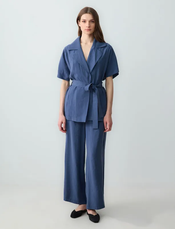 Women Dark Blue Relaxed Fit High Waist Wide Leg Modal Woven Pants