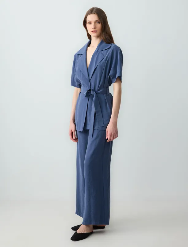 Women Dark Blue Relaxed Fit High Waist Wide Leg Modal Woven Pants