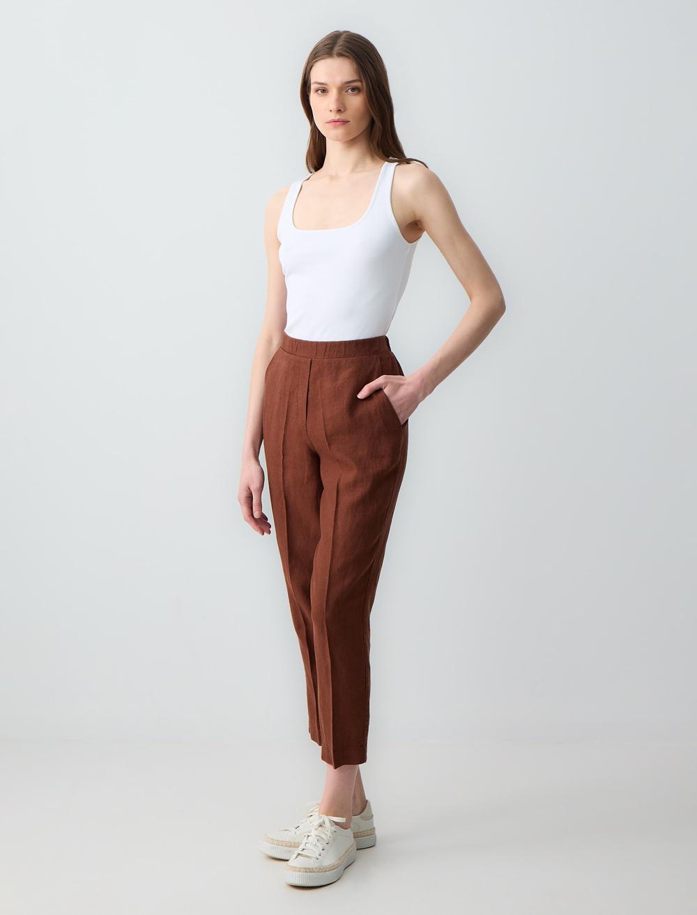 %100 Keten Yüksek Bel Normal Paça Dokuma Pantolon