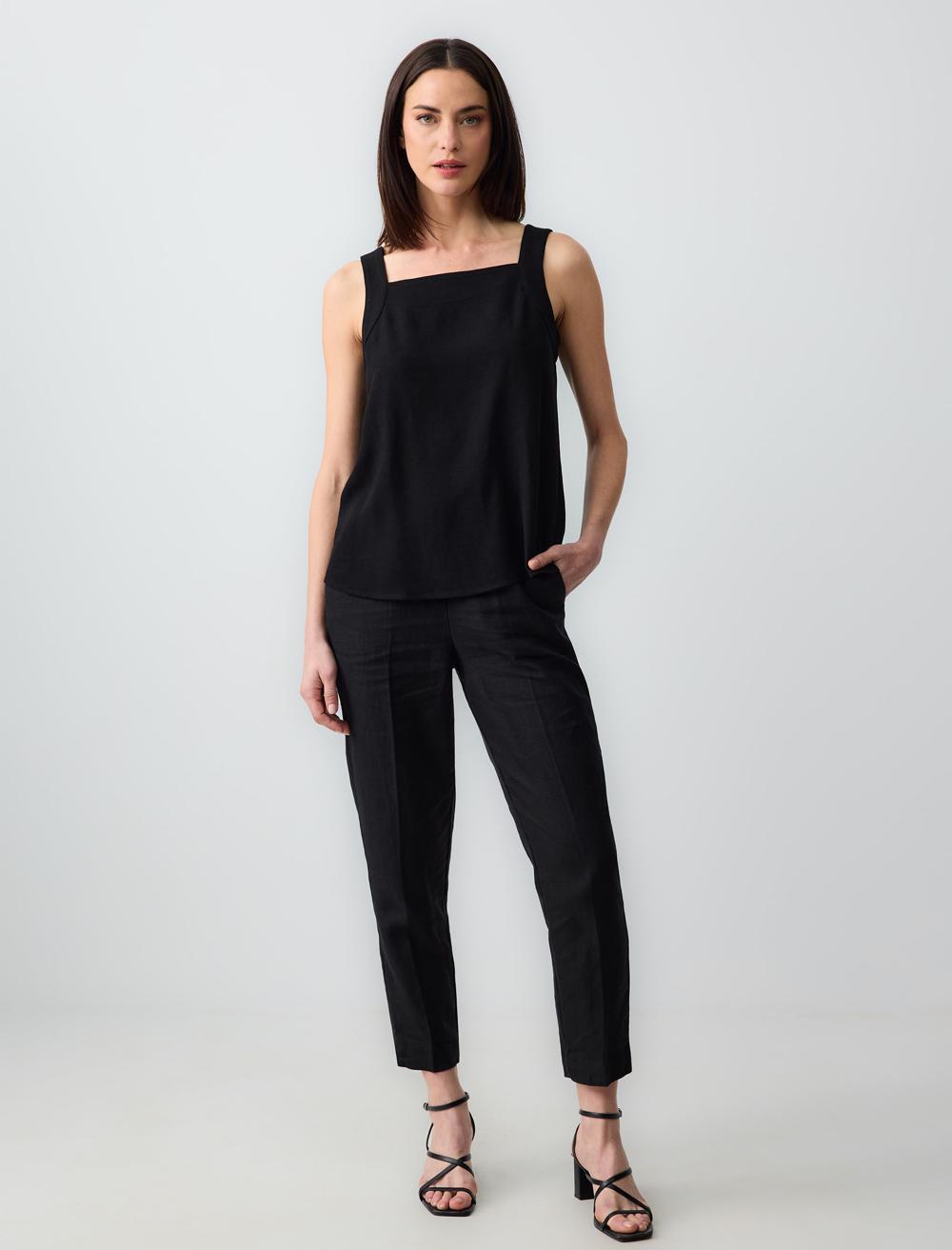 %100 Keten Yüksek Bel Normal Paça Dokuma Pantolon