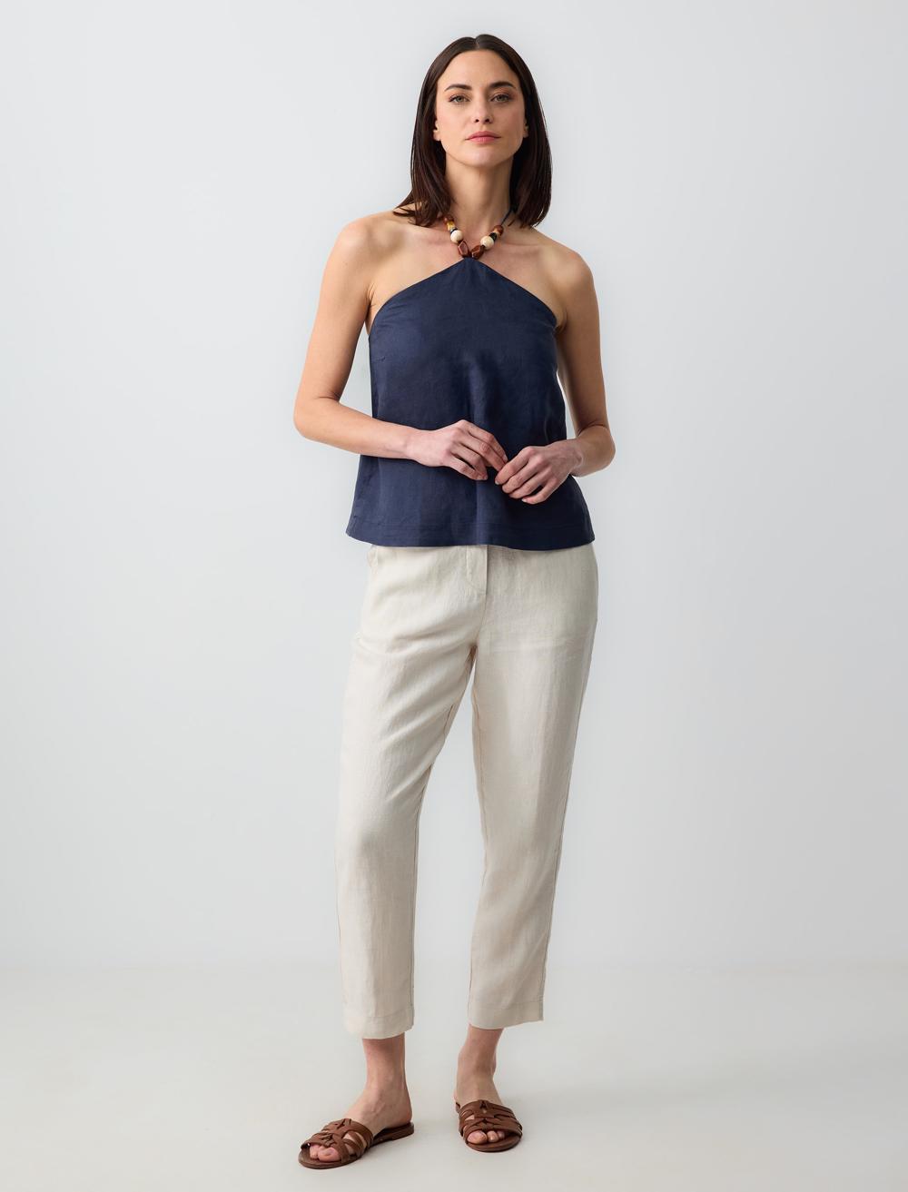 %100 Keten Yüksek Bel Normal Paça Dokuma Pantolon