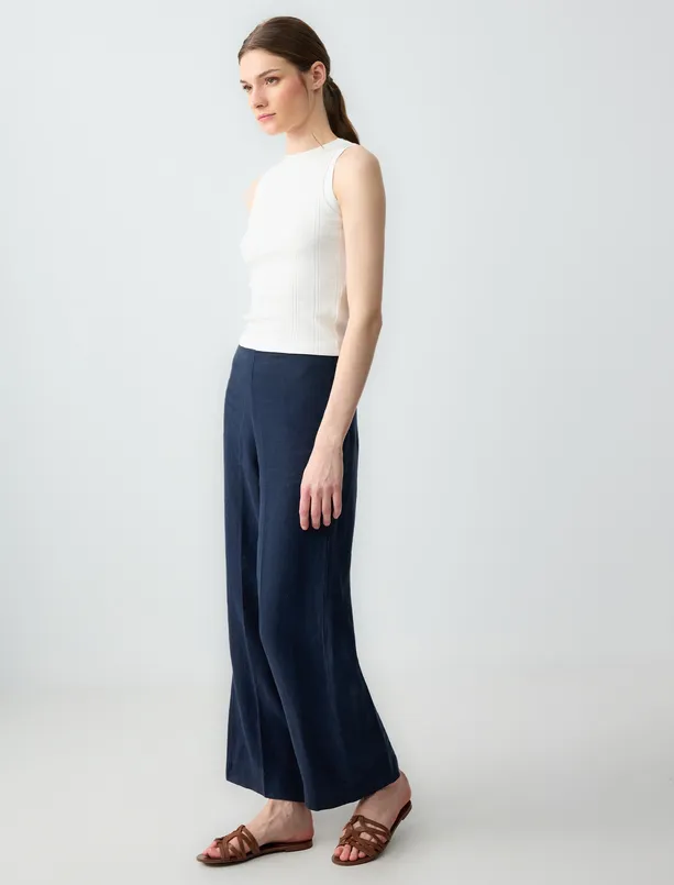 Women Dark Blue 100% Linen High Waist Wide Leg Long Woven Pants
