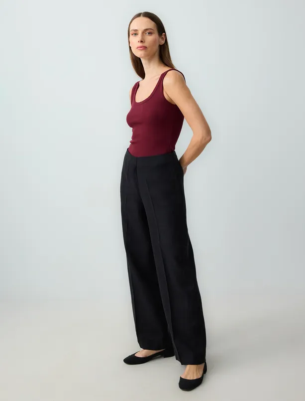 Women Black 100% Linen High Waist Wide Leg Long Woven Pants