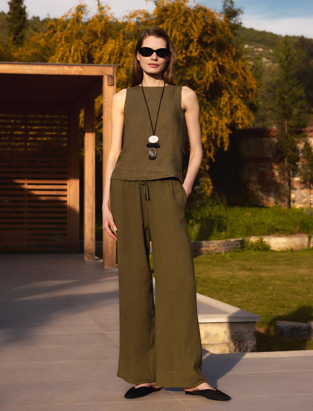 Yüksek Bel Bol Paça Uzun Keten Karışımlı Pantolon