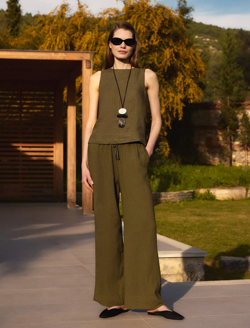 High Waist Wide Leg Long Linen Blend Pants