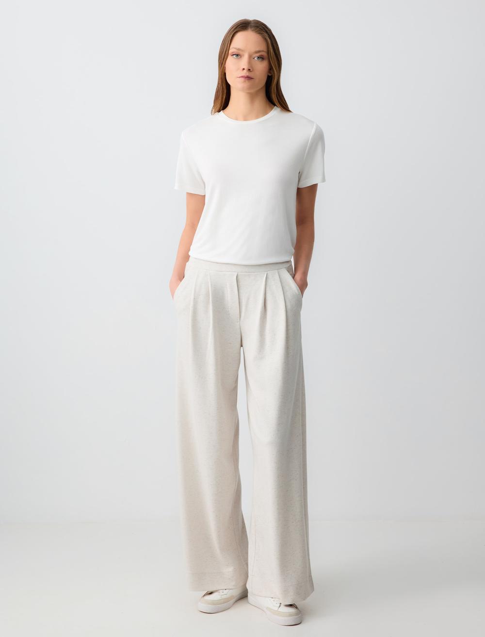 Bol Paça Normal Bel Keten Karışımlı Pantolon