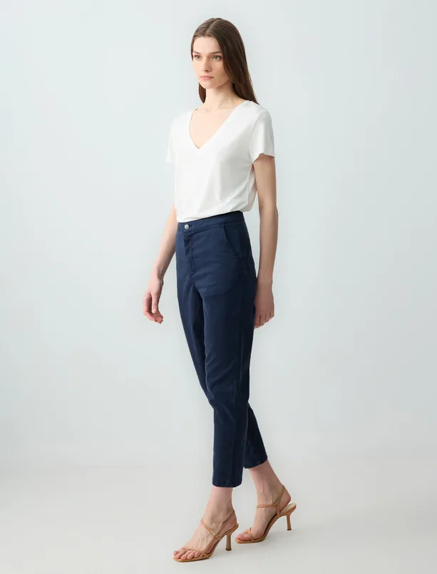Women Dark Blue High Waist Regular Leg Woven Pants with Side Pockets