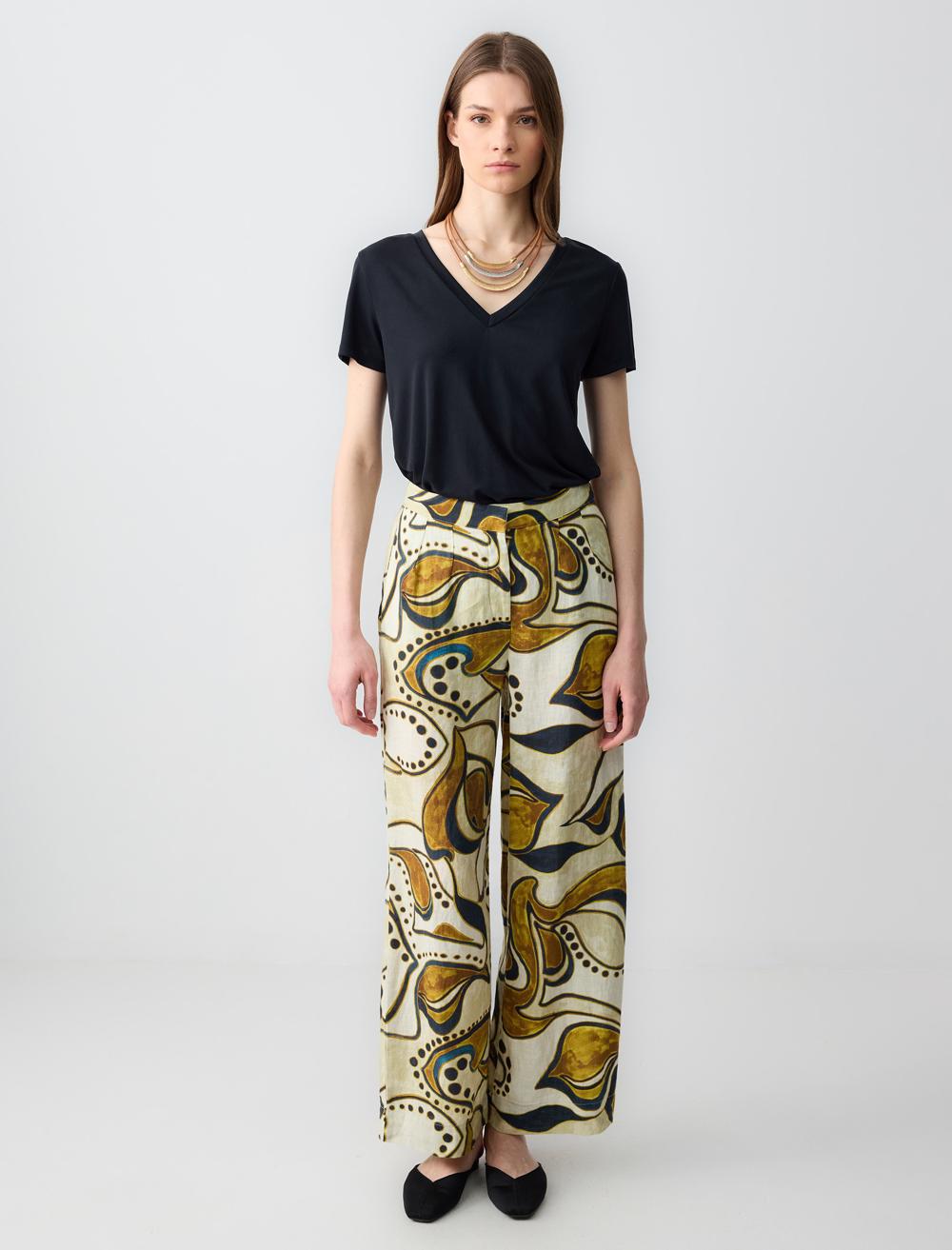 %100 Keten Rahat Kesim Yüksek Bel Bol Paça Desenli Pantolon