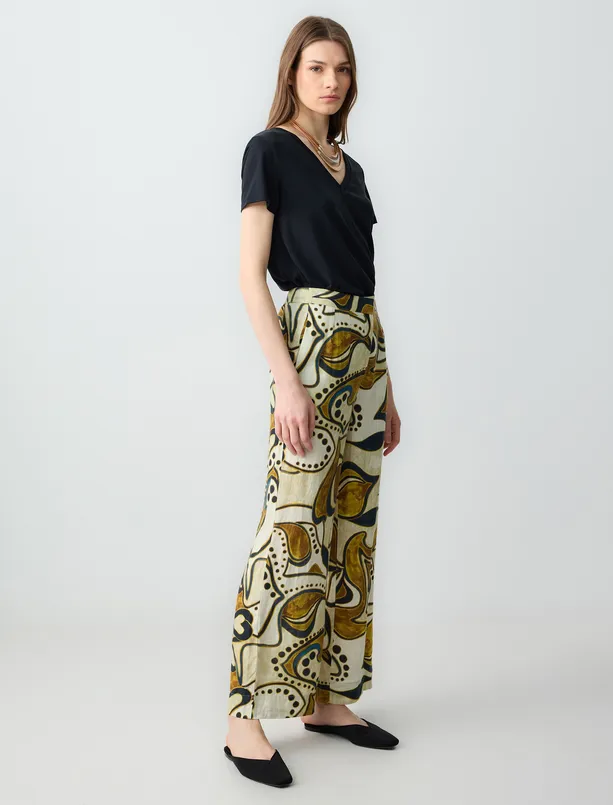 Women Beige 100% Linen Relaxed Fit High Waist Wide Leg Patterned Pants