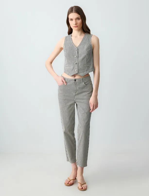 Bayan  Yüksek Bel Normal Paça Çizgi Desenli Denim Pantolon