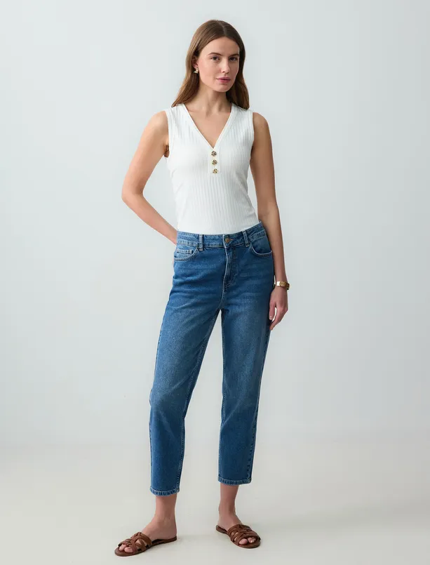 Bayan Lacivert Düz Kesim Yüksek Bel Normal Paça Denim Pantolon