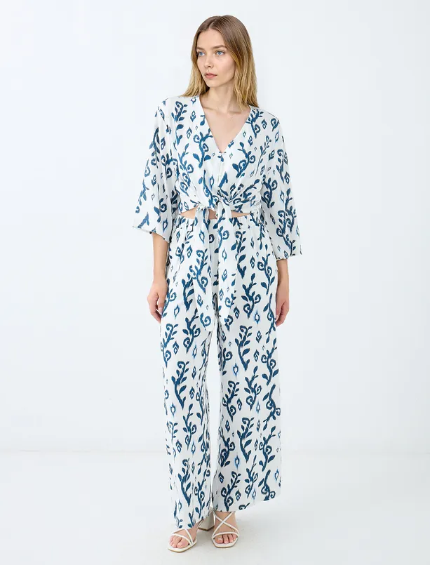 Women  High Waist Wide Leg Relaxed Fit Patterned Linen Pants