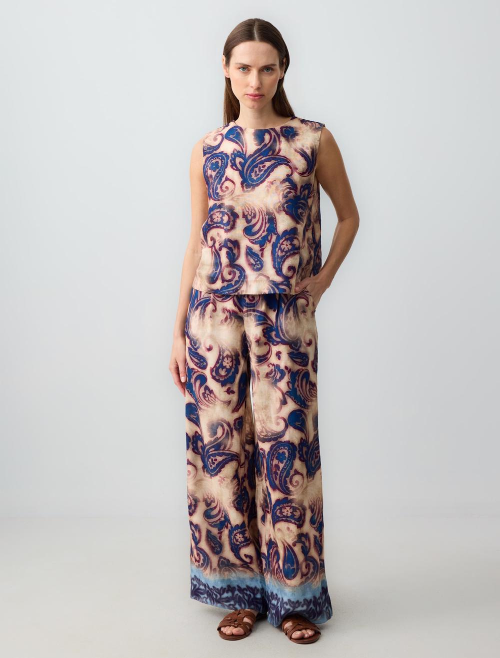 Normal Bel Bol Paça Desenli Keten Karışımlı Pantolon