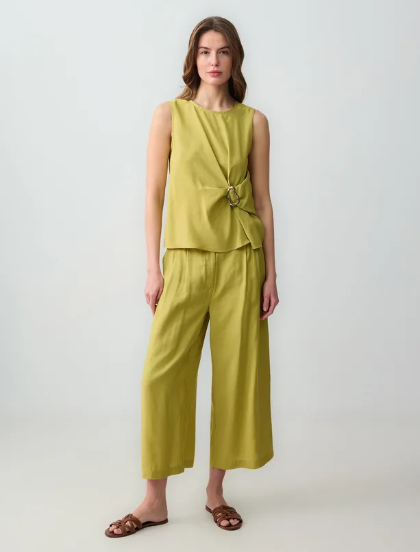 Women  Relaxed Fit High Waist Wide Leg Short Woven Pants