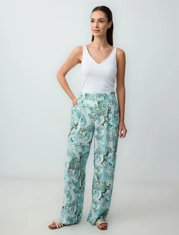 Women Turquoise Regular Waist Wide Leg Patterned Woven Pants