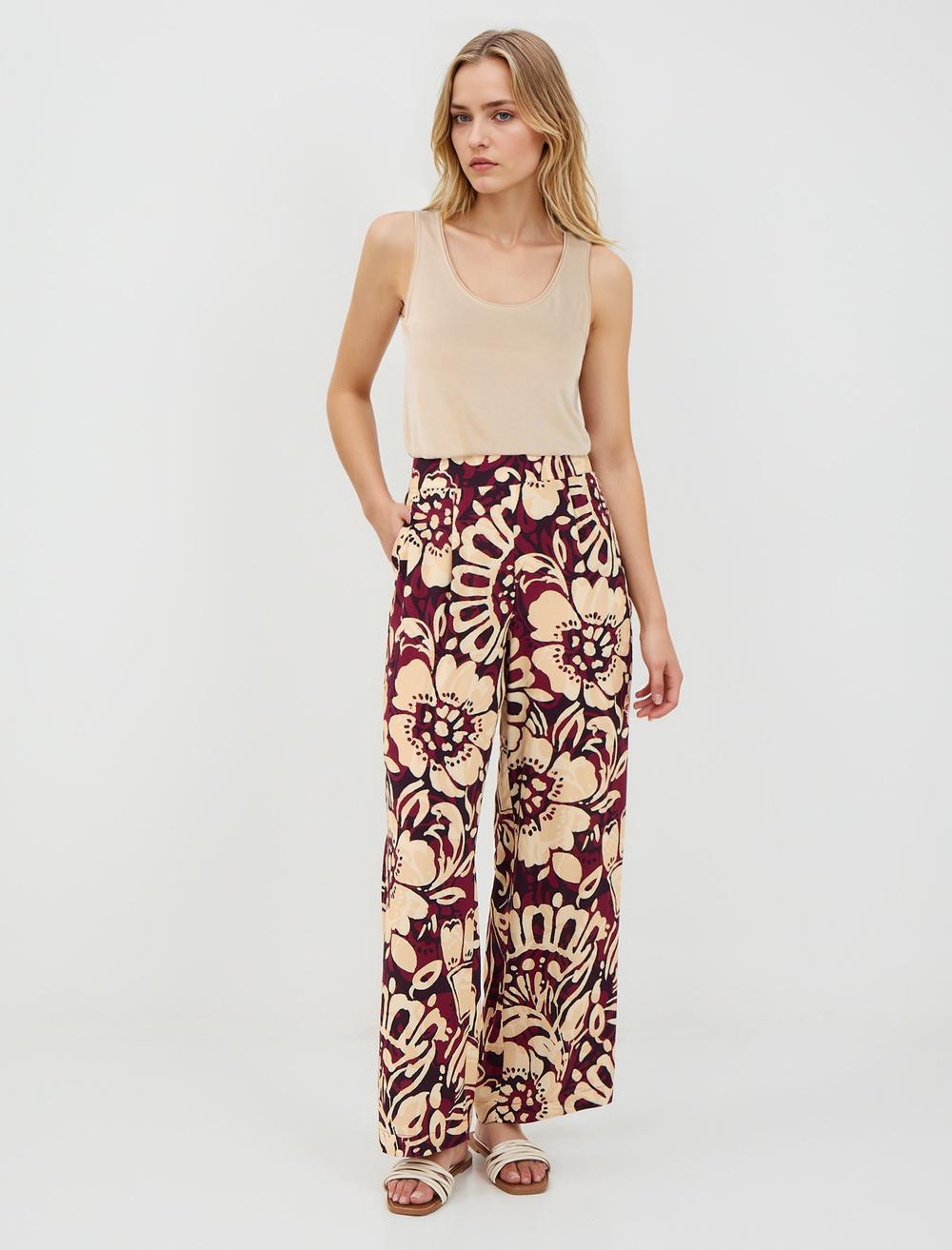 Yüksek Bel Bol Paça Uzun Desenli Pantolon