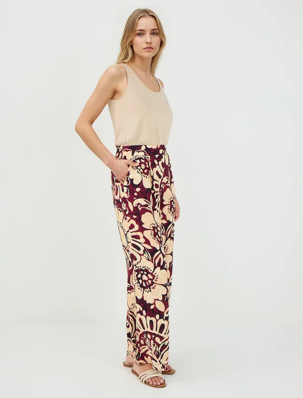 Women Claret Red Regular Waist Wide Leg Patterned Woven Pants