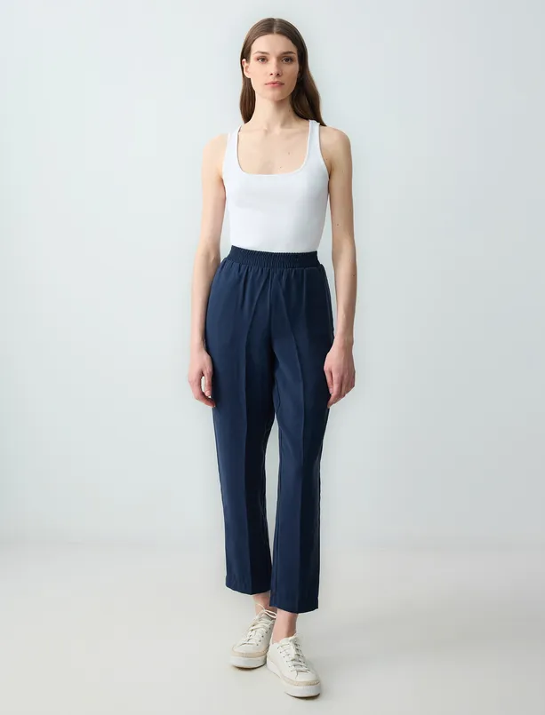 Women Dark Blue High Waist Regular Leg Modal Woven Pants